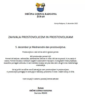 Zahvala župana vsem prostovoljcem in prostovoljkam v občini